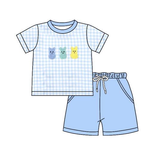 ( Moq 5 ) Preorder Baby Boys Short Sleeves Rabbits Plaid Shirt Blue Pockets Shorts Easter Clothes Set