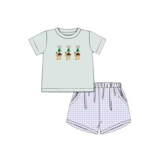 ( Moq 5 ) Preorder Baby Boys Rabbits Ducks Shirt Plaid Pockets Shorts Easter Clothes Set