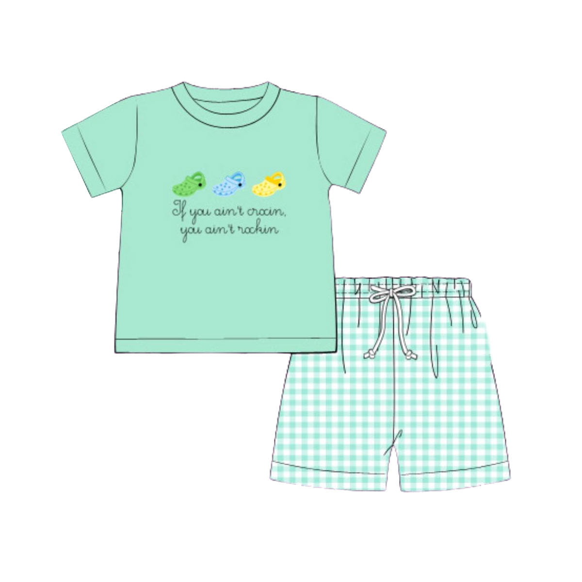 ( Moq 5 ) Preorder Baby Boys Short Sleeves Shoes Shirt Plaid Shorts Green Clothes Set
