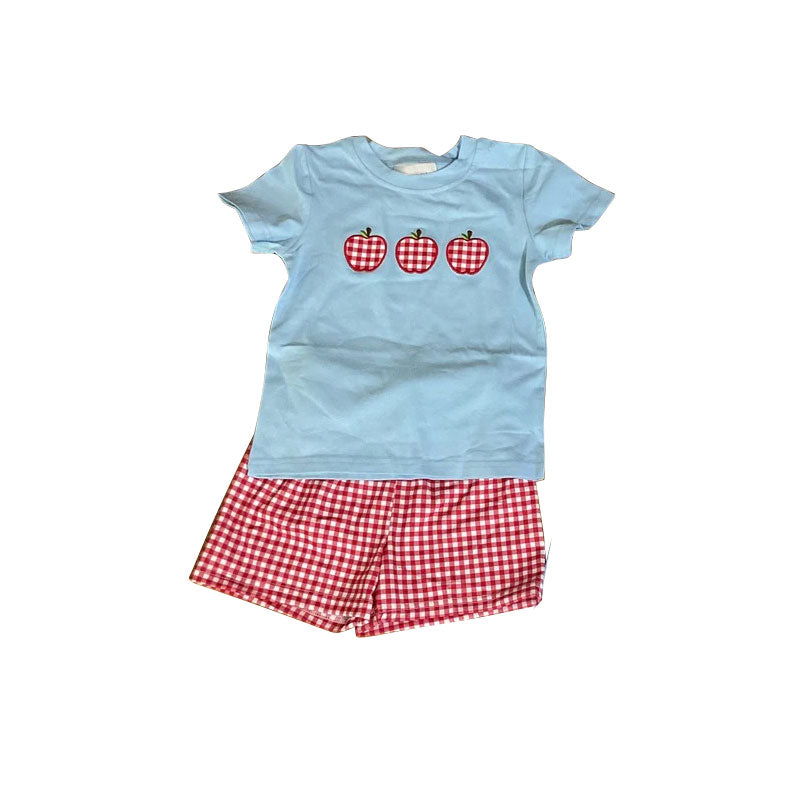 ( Moq 5 ) Preorder Baby Boys Apple Blue Shirt Red Plaid Shorts Back to School Clothes Set
