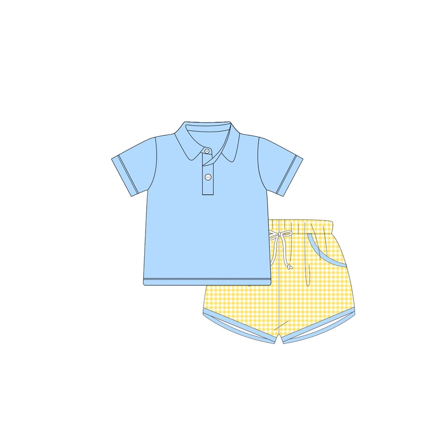 ( Moq 5 ) Preorder Baby Boys Blue Short Sleeves Buttons Shirt Yellow Plaid Pockets Shorts Set