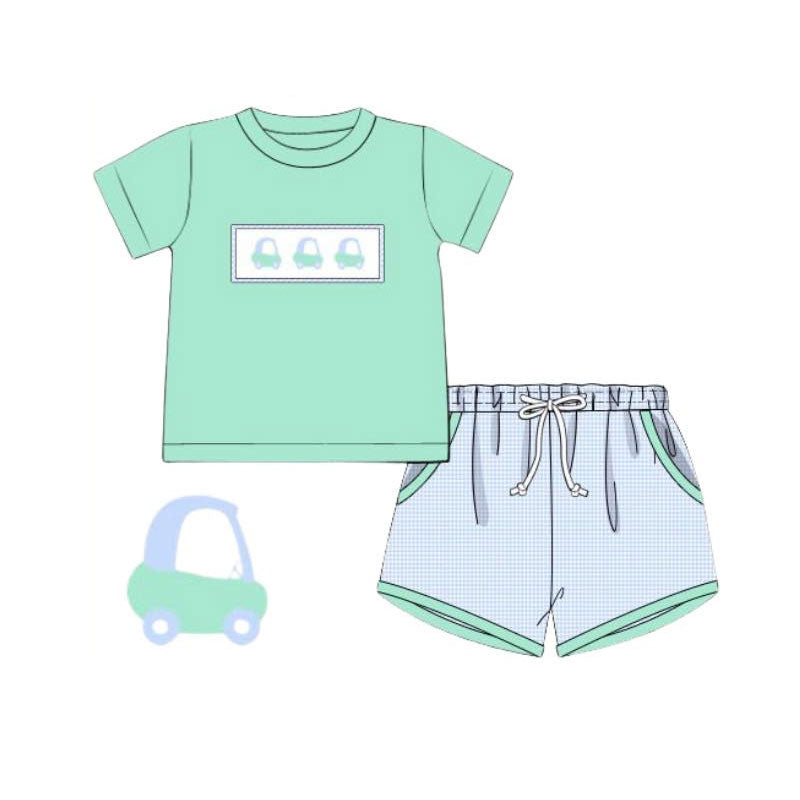 ( Moq 5 ) Preorder Baby Boys Golf Trucks Green Shirt Plaid Pockets Shorts Clothes Set