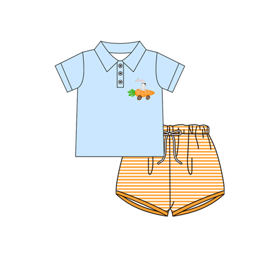 ( Moq 5 ) Preorder Baby Boys Rabbit Carrot Buttons Blue Shirt Stripes Shorts Easter Clothes Set