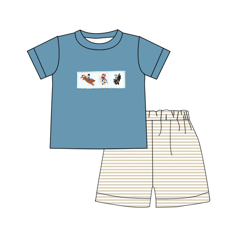 ( Moq 5 ) Preorder Baby Boys Short Sleeves Cowboys Blue Shirt Stripes Shorts Western Clothes Set