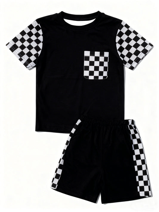 ( Moq 5 ) Preorder Baby Boys Checked Short Sleeves Pocket Shirt Black Shorts Clothes Set