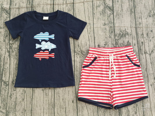 ( No moq ) Preorder Baby Boys Navy Short Sleeves Embroidery Fish Shirt Stripes Shorts 4th of July Clothes Set