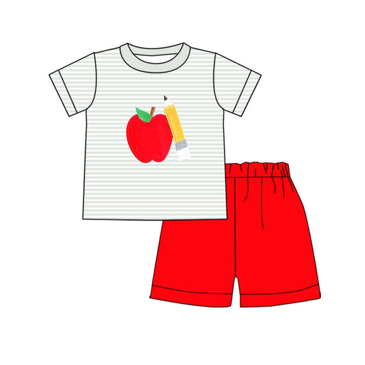 ( Moq 5 ) Preorder Baby Boys Short Sleeves Apple Pencil Shirt Red Shorts Back To School Set