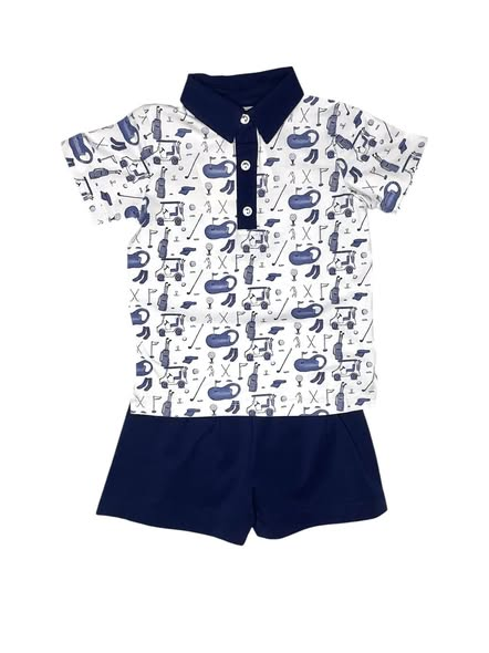 ( Moq 5 ) Preorder Baby Boys Short Sleeves Golf Buttons Shirt Navy Shorts Clothes Set
