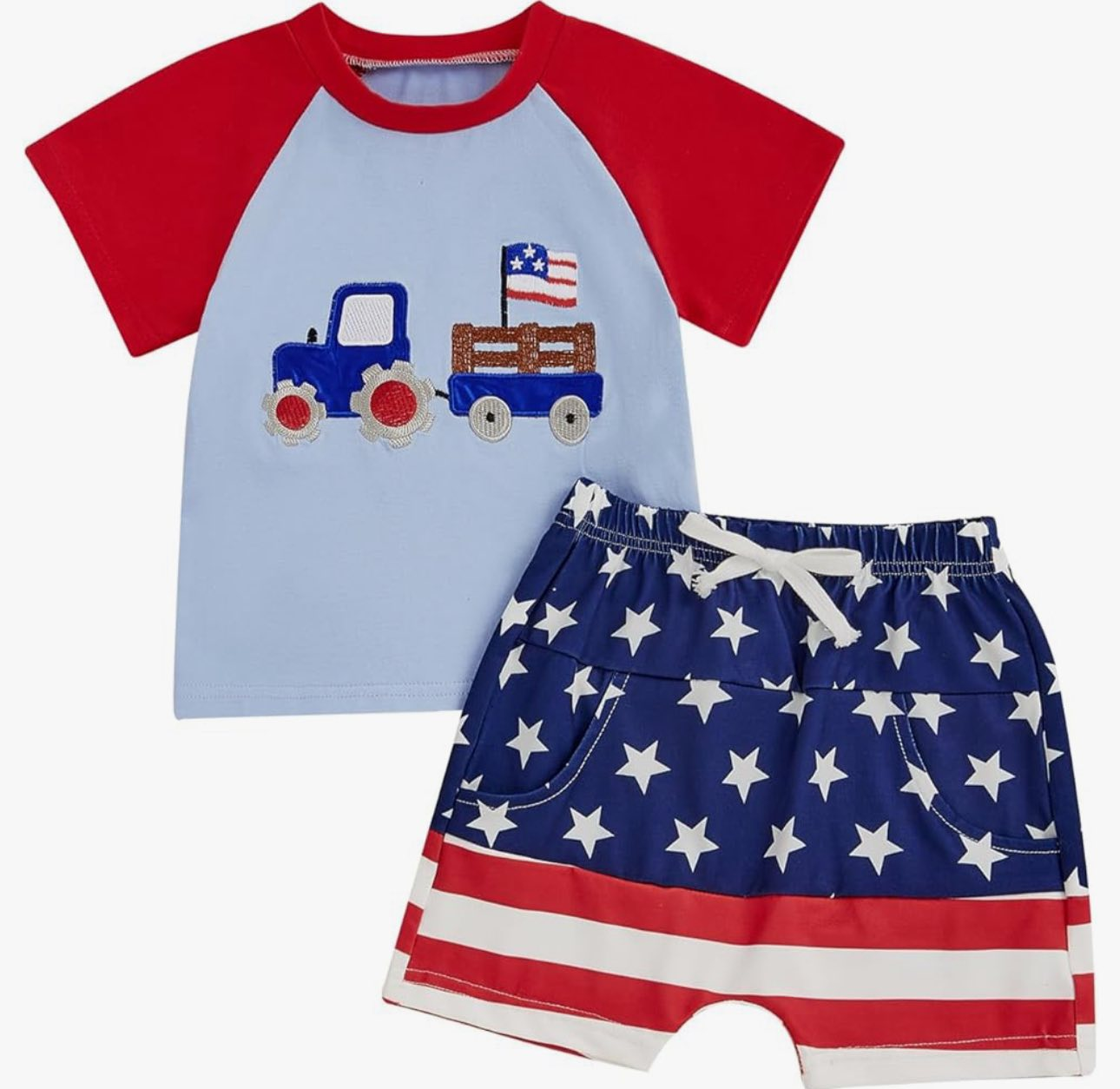 ( Moq 5 ) Preorder Baby Boys Short Sleeves Truck Flag Shirt Stars Pockets Shorts 4th of July Clothes Set