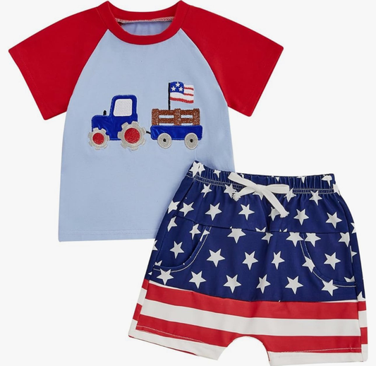 ( Moq 5 ) Preorder Baby Boys Short Sleeves Truck Flag Shirt Stars Pockets Shorts 4th of July Clothes Set