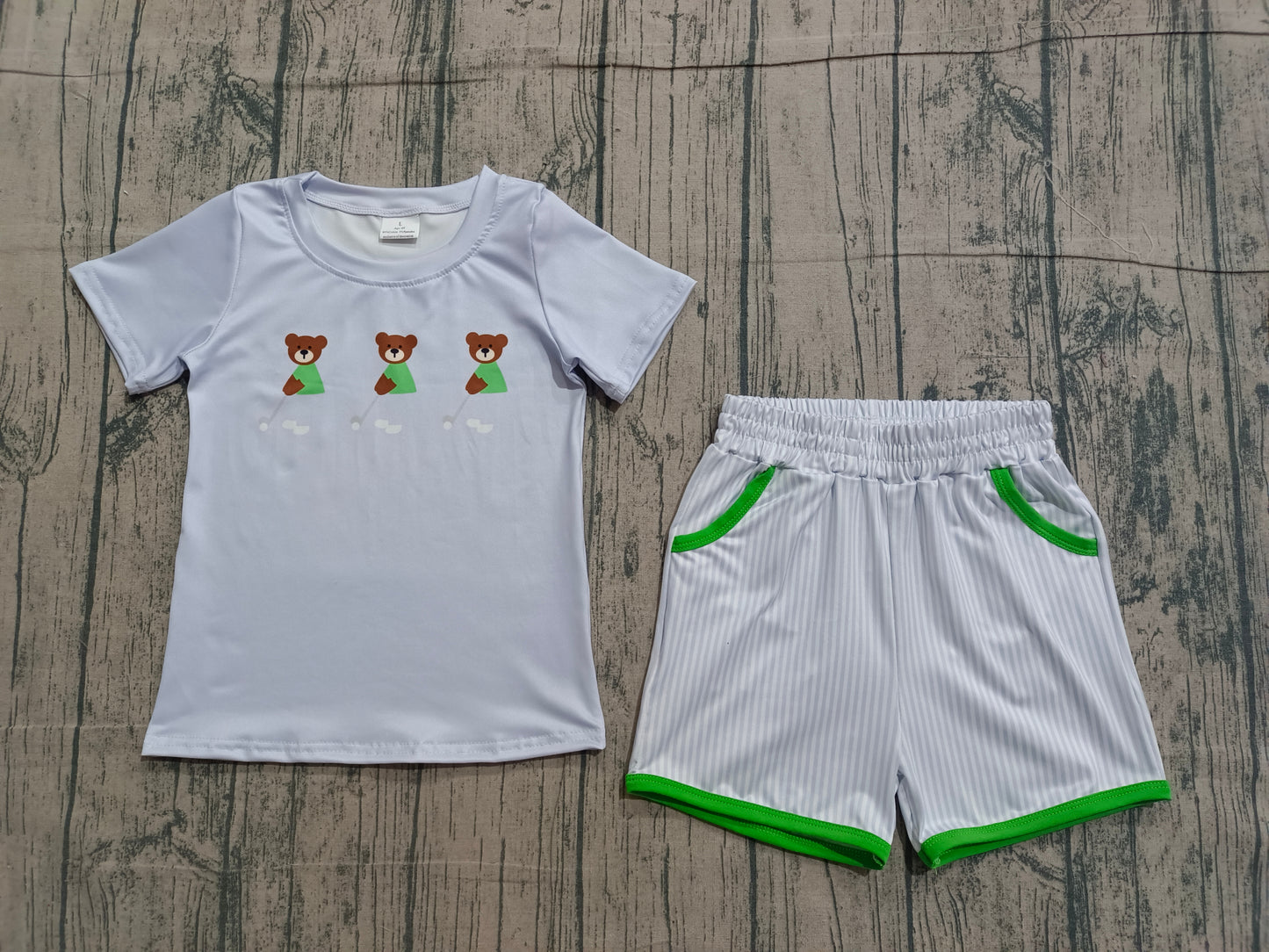 Baby Boys Kids Short Sleeves Bear Blue Shirt Stripes Shorts Golf Outfit RTS