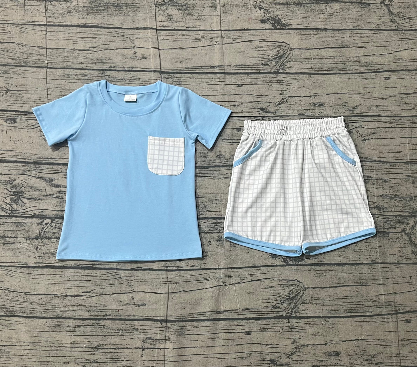 Baby Boys KIds Blue Short Sleeves Shirt Plaid Pockets Shorts Clothes Summer Set RTS