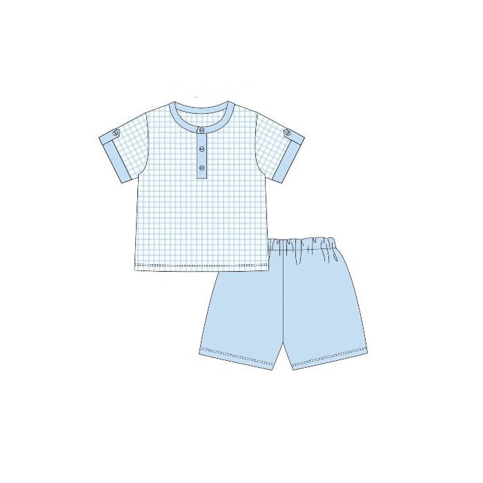 ( Moq 5 ) PreorderBaby Boys Short Sleeves Plaid Buttons Shirt Blue Shorts Pajamas Set