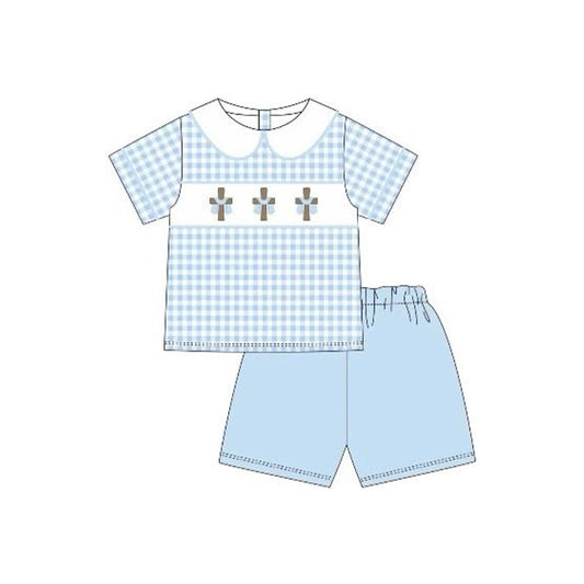 ( Moq 5 ) Preorder Baby Boys Short Sleeves Crosses Plaid Shirt Blue Shorts Easter Clothes Set