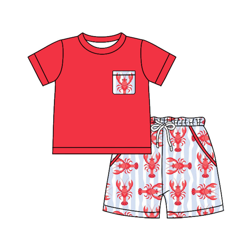 ( Moq 5 ) Preorder Baby Boys Kids Short Sleeves Red Shirt Pockets Crayfish Shorts Set