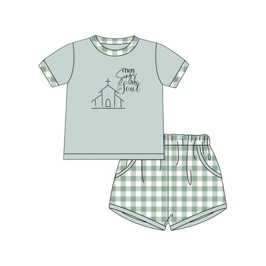 ( Moq 5 ) Preorder Baby Boy Short Sleeves Church Shirt Green Plaid Pockets Shorts Set