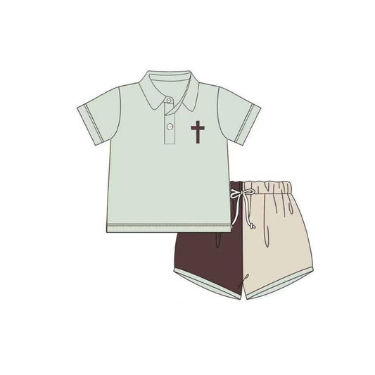 ( Moq 5 ) Preorder Baby Boys Short Sleeves Cross Buttons Shirt Shorts Easter Clothes Set