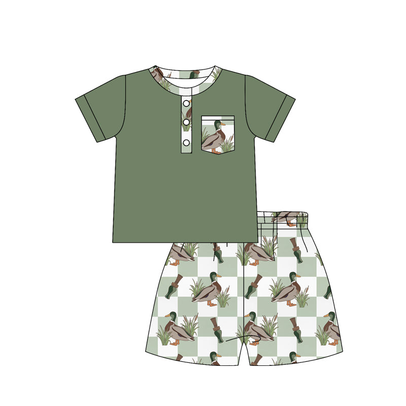 ( Moq 5 ) Preorder Baby Boys Pocket Buttons Green Shirt Ducks Plaid Shorts Hunting Clothes Set