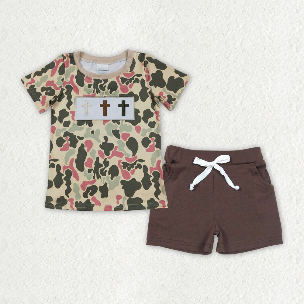 Baby Boys Short Sleeves Embroidery Crosses Camo Shirt Pockets Shorts Easter Clothes Set RTS