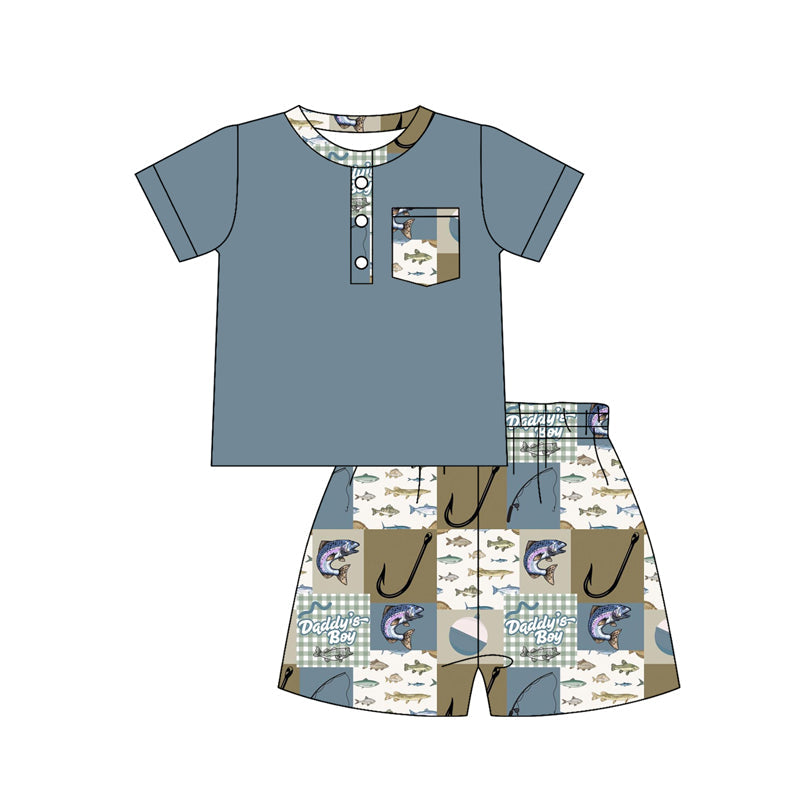( Moq 5 ) Preorder Baby Boys Kids Short Sleeves Buttons Shirt Fishing Plaid Shorts Clothes Set