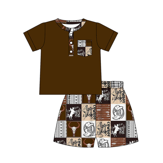 ( Moq 5 ) Preorder Baby Boys Short Sleeves Buttons Brown Shirt Cowboy Boots Shorts Western Set