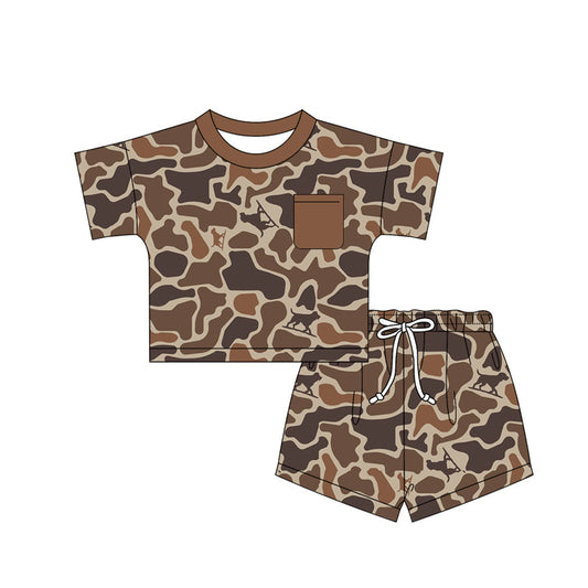 ( Moq 5 ) Preorder Baby Boys Short Sleeves Pocket Shirt Dogs Brown Camo Shorts Clothes Set