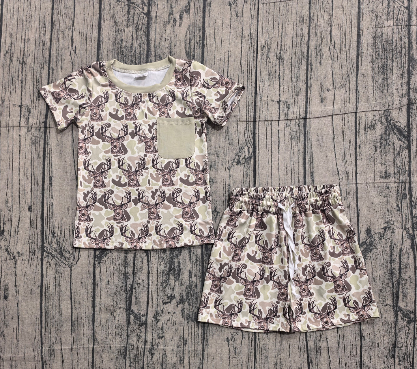 ( No moq ) Preorder Baby Boys Short Sleeves Pocket Deer Shirt Camo Shorts Hunting Set