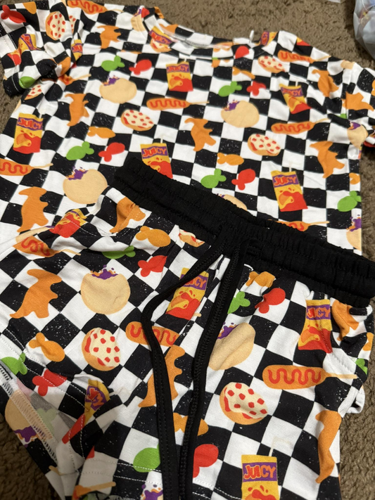 ( Moq 5 ) Preorder Baby Boys Short Sleeves Foods Checked Shirt Pockets Shorts Clothes Set