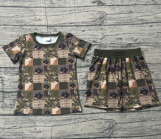 ( No moq ) Preorder Baby Boys Short Sleeves Tractors Camo Plaid Shirt Shorts Summer Pajamas Set
