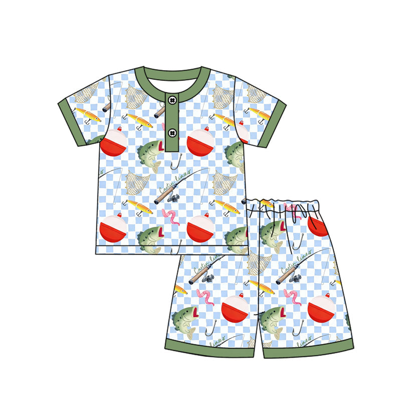 ( Moq 5 ) Preorder Baby Boys Short Sleeves Fishing Buttons Plaid Shirt Shorts Pajamas Set