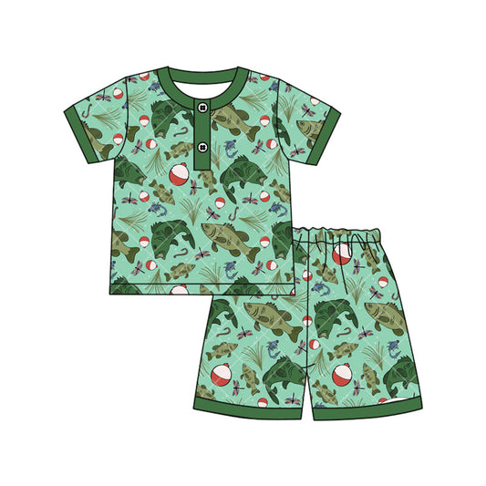 ( Moq 5 ) Preorder Baby Boys Short Sleeves Fish Plaid Buttons Shirt Shorts Green Pajamas Set