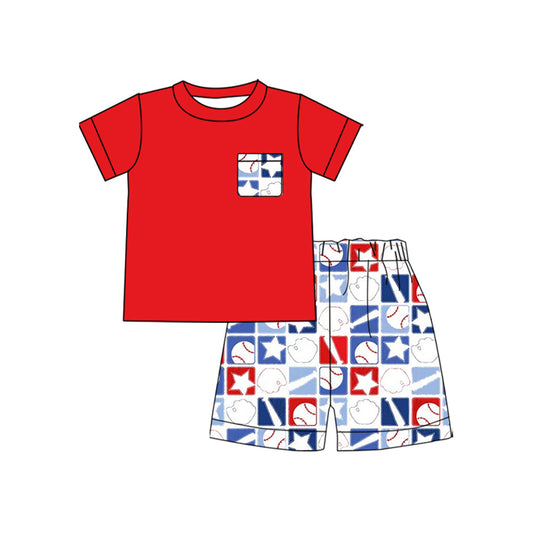 ( Moq 5 ) Preorder Baby Boys Red Pocket Shirt Baseball Stars Shorts 4th of July Clothes Set