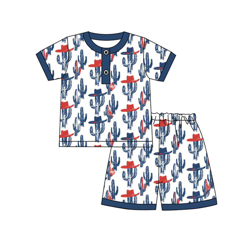 ( Moq 5 )Preorder Baby Boys Short Sleeves Buttons Shirt Cactus Hats Shorts 4th of July Pajamas Set