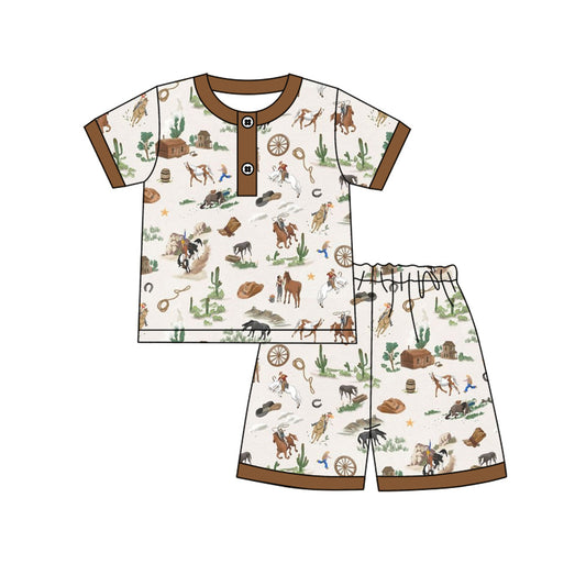 ( Moq 5 ) Preorder Baby Boys Short Sleeves Rodeo Cactus Shirt Shorts Western Pajamas Clothes Set