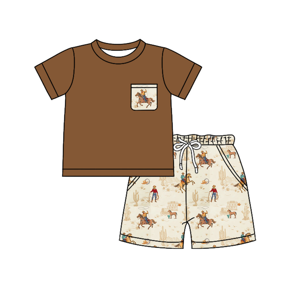 ( Moq 5 )Preorder Baby Boys Short Sleeves Brown Shirt Cowboy Cactus Pockets Shorts Western Pajamas Set