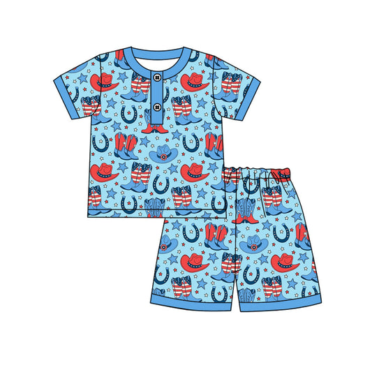 ( Moq 5 ) Preorder Baby Boys Short Sleeves Buttons Shirt Hats Boots Stars Shorts 4th of July Western Blue Set