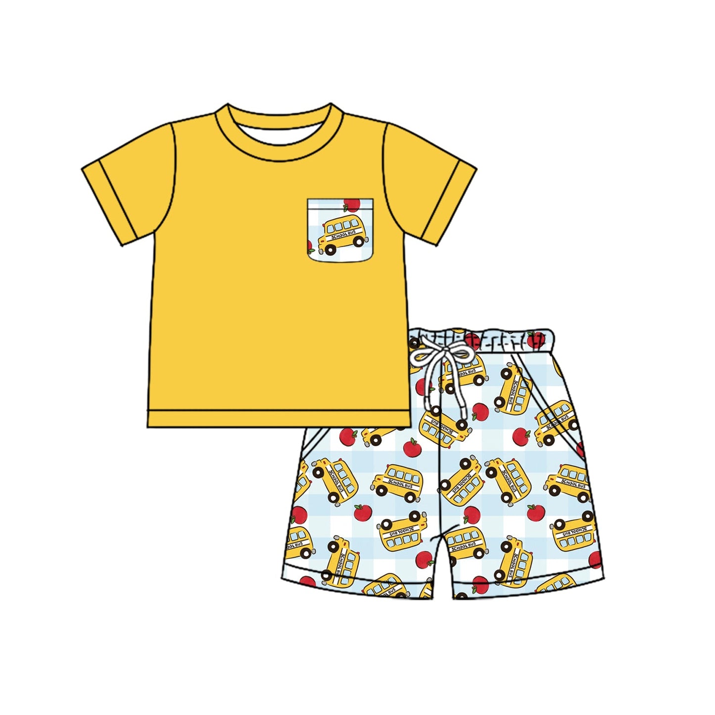 ( Moq 5 ) Baby Boys Kids Yellow Shirt Bus Apple Plaid Pockets Shorts Back to School Set