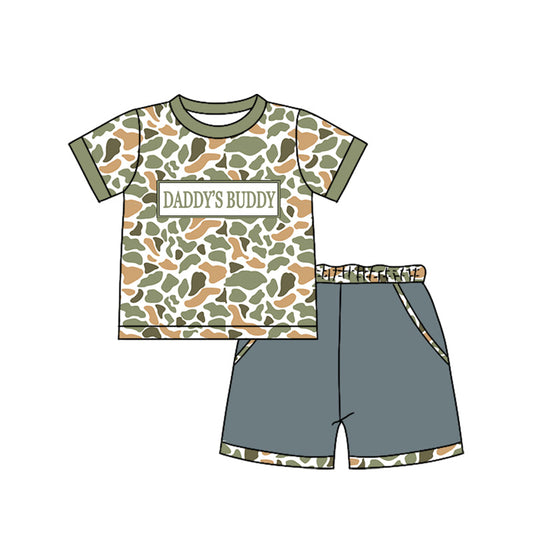 ( Moq 5 ) Preorder Baby Boys Short Sleeves Orange Green Camo Shirt Pockets Shorts Daddy's Buddy Set