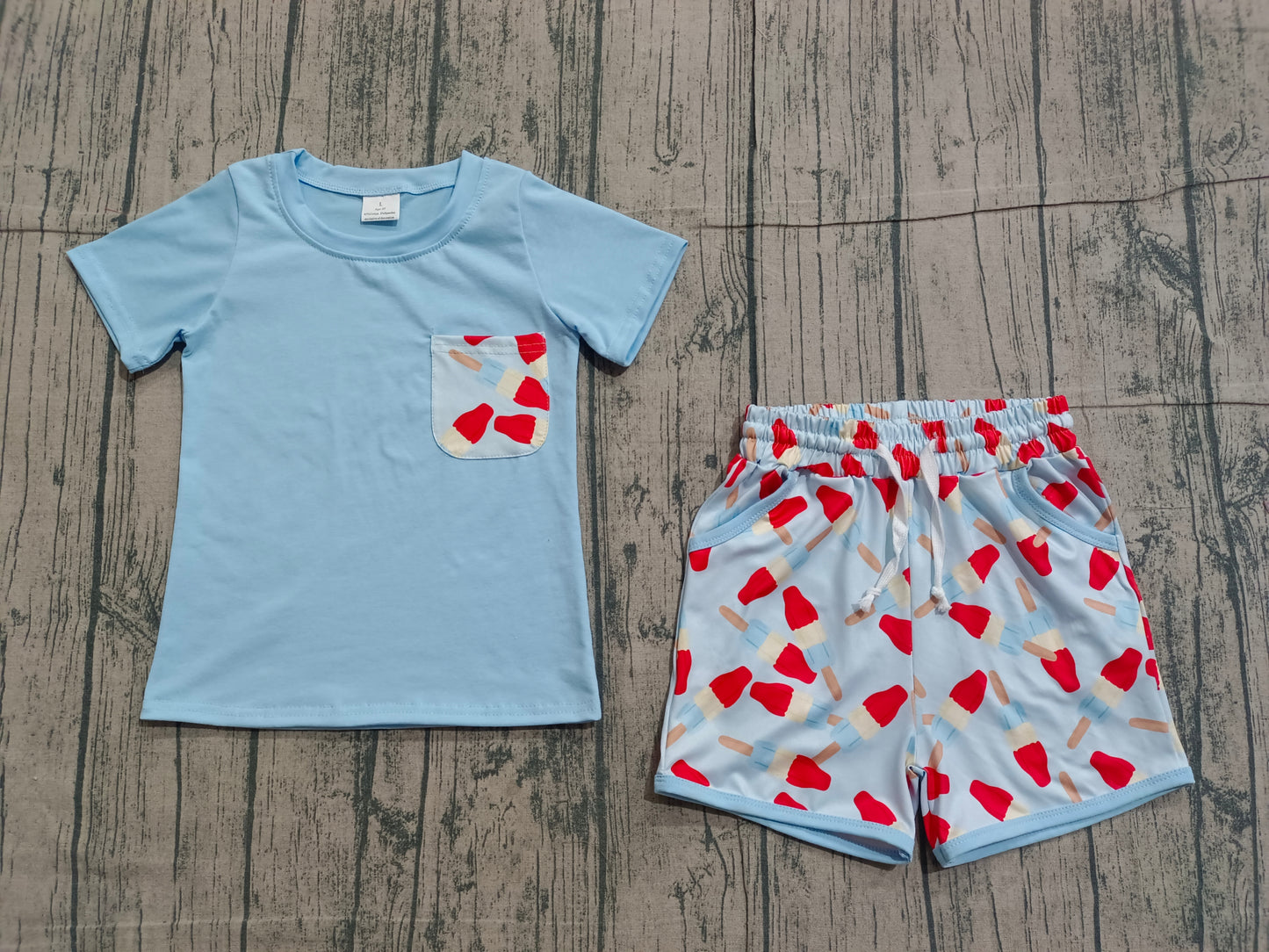 ( No moq ) Preorder Baby Boys Short Sleeves Blue Shirt Popsicles Pockets Shorts 4th of July Clothes Set