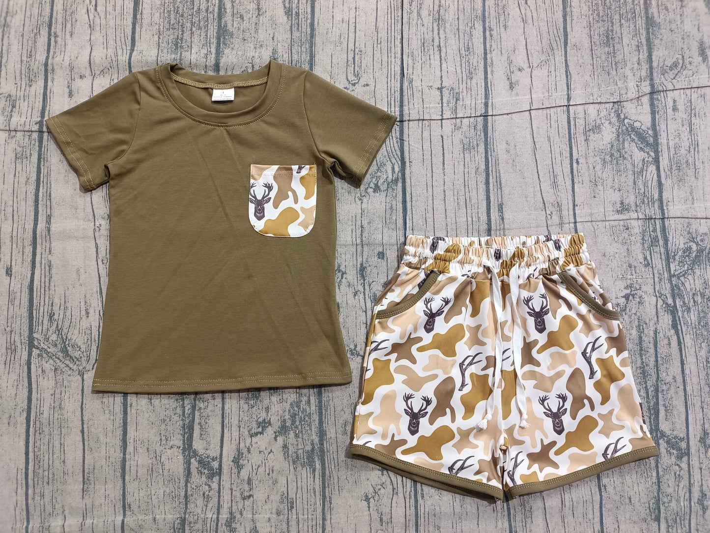 Baby Boys Kids Short Sleeves Shirt Deer Camo Pockets Shorts Clothes Set RTS