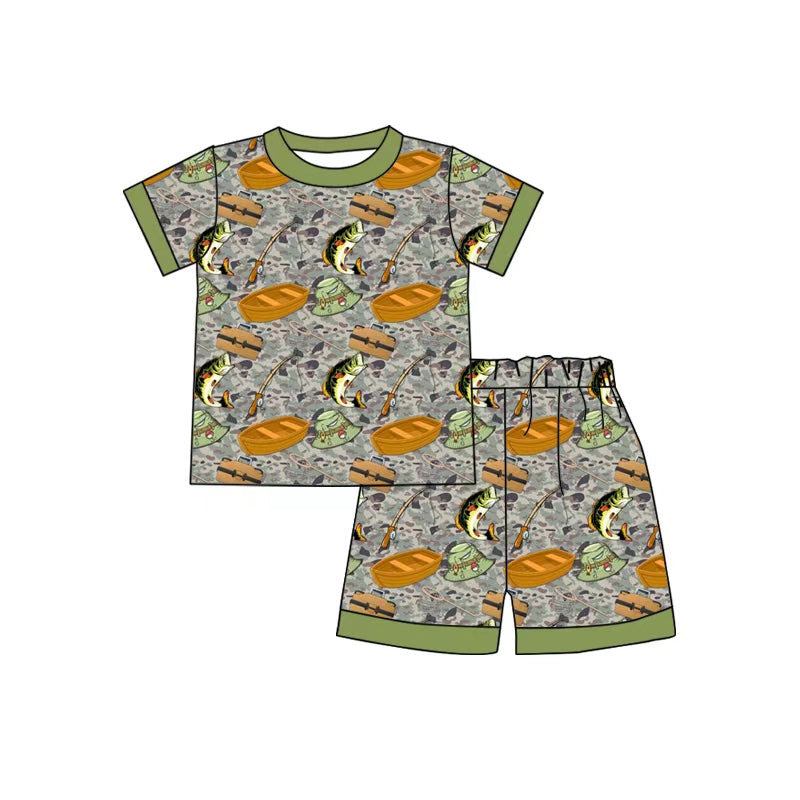 ( Moq 5 ) Preorder Baby Boys Short Sleeves Fishing Hats Shirt Camo Shorts Pajamas Clothes Set