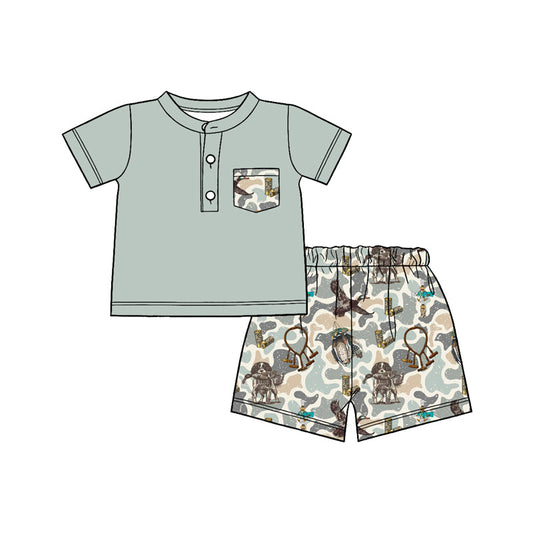 ( Moq 5 ) Preorder Baby Boys Green Short Sleeves Buttons Pocket Shirt Ducks Camo Shorts Hunting Set