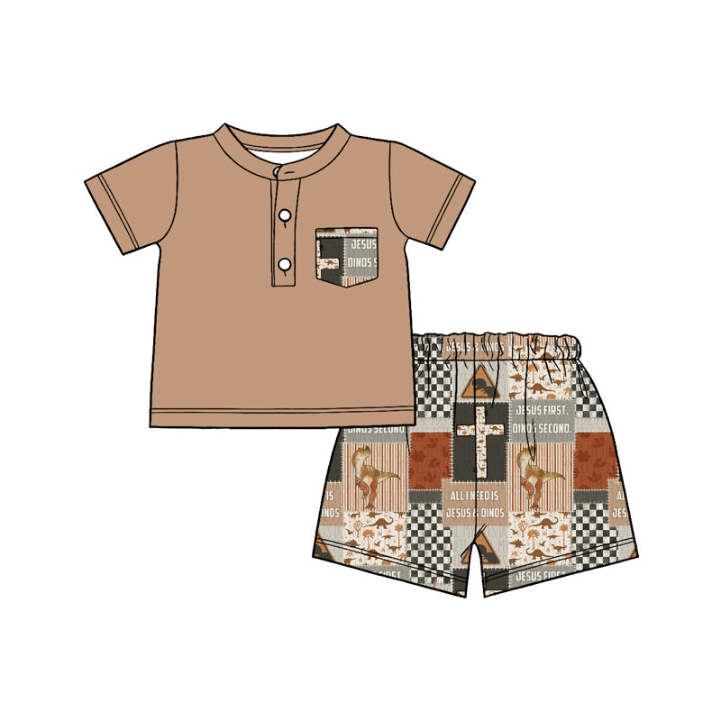 ( Moq 5 ) Preorder Baby Boys Short Sleeves Buttons Pocket Shirt Cross Jesus Dinosaurs Shorts Set