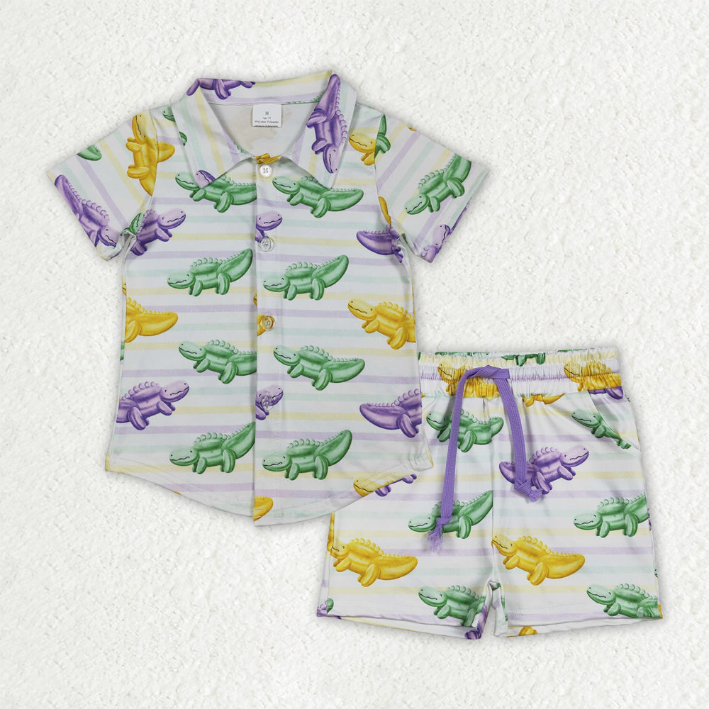 Baby Boys Short Sleeves Crocodiles Buttons Shirt Pockets Stripes Shorts Mardi Gras Clothes Set