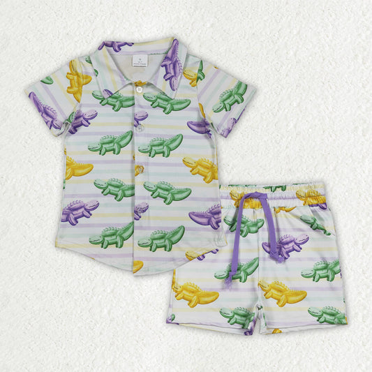 Baby Boys Short Sleeves Crocodiles Buttons Shirt Pockets Stripes Shorts Mardi Gras Clothes Set