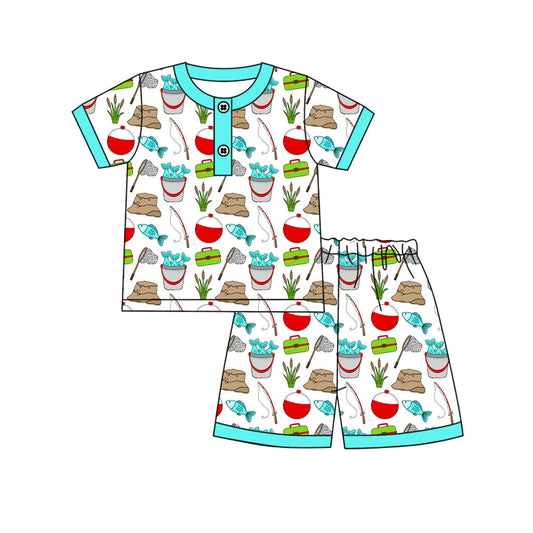 ( Moq 5 ) Preorder Baby Boys Short Sleeves Buttons Shirt Fishing Shorts Pajamas Clothes Set