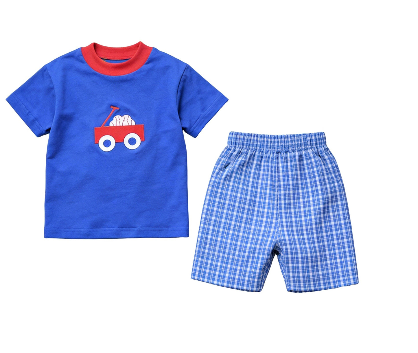 ( Moq 5 ) Preorder Baby Boys Kids Short Sleeves Baseball Blue Shirt Plaid Shorts Clothes Set