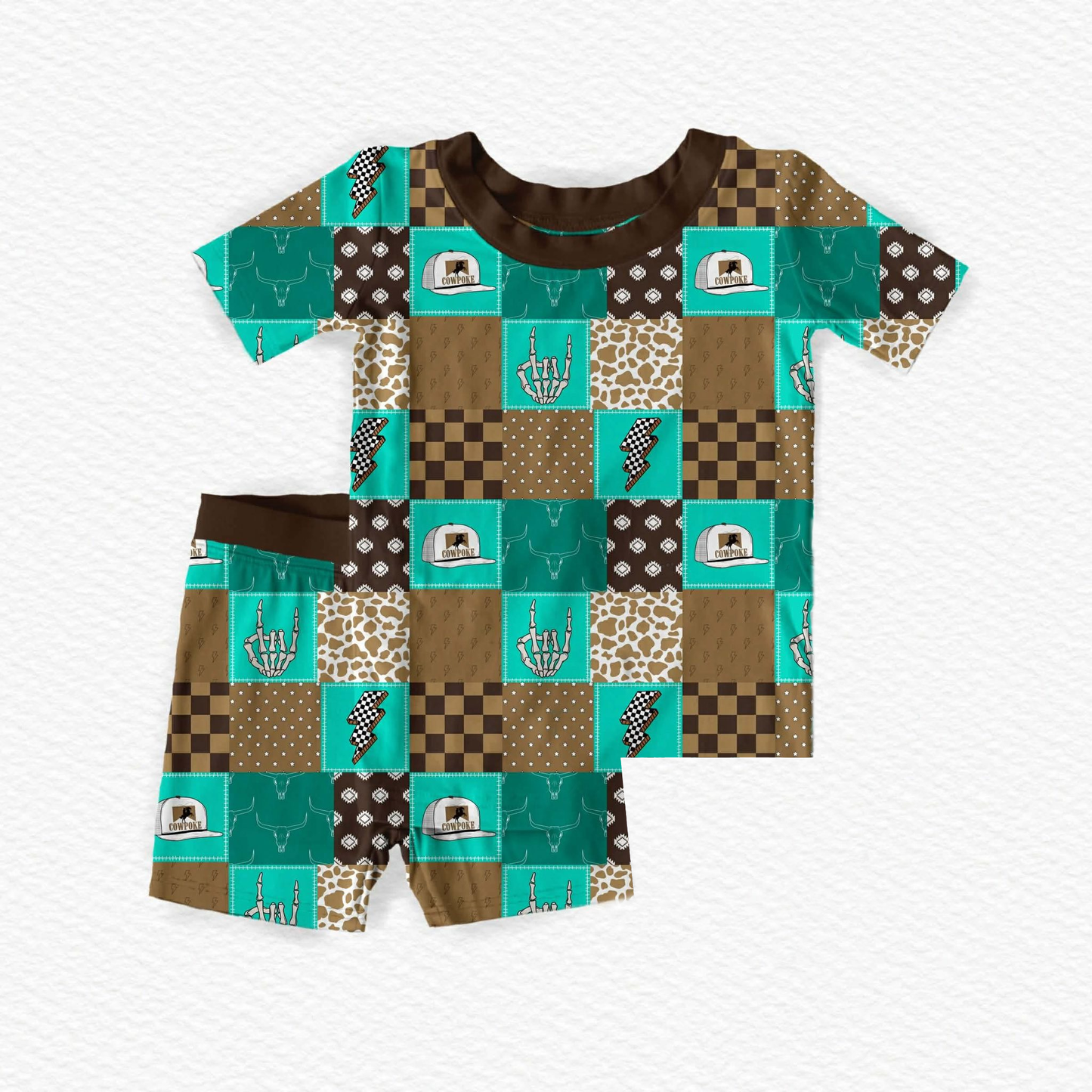 ( Moq 5 ) Preorder Baby Boys Short Sleeves Western Cow Print Plaid Shirt Shorts Pajamas Clothes Set
