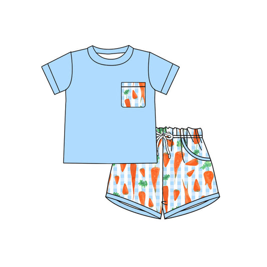 ( Moq 5 ) Preorder Baby Boys Short Sleeves Blue Shirt Carrots Pockets Shorts Easter Clothes Set