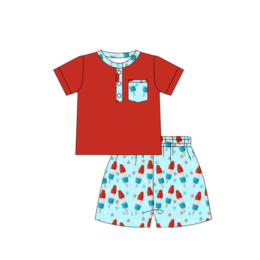 ( Moq 5 ) Preorder Baby Boys Red Short Sleeves Pocket Polo Shirt Popsicles Stars Shorts 4th of July Set